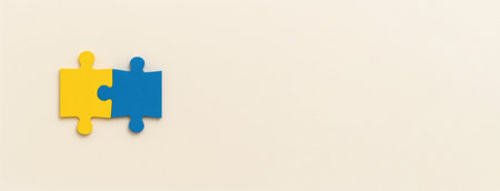 Down awareness syndrome day concept with yellow and blue puzzle pieces on a plain background, AI generatedの素材