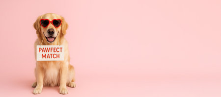 Pawlentine Day celebration with dog wearing heart glasses on pink background, AI generatedの素材
