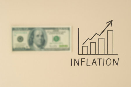 Inflation concept with rising graph and US dollar bill on beige background, AI generatedの素材