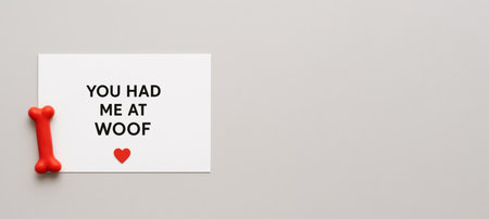 Pawlentine Day greeting card with heart and red bone on beige background, AI generatedの素材