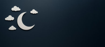 Crescent moon and clouds on dark blue background, sleep problem concept, AI generatedの素材