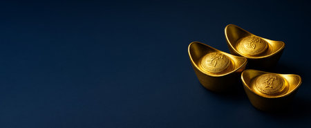 Chinese New Year decor with gold ingots on blue background, AI generatedの素材