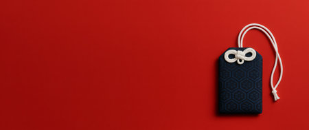 Japanese New Year omamori charm on red background, cultural decor with copy space, AI generatedの素材