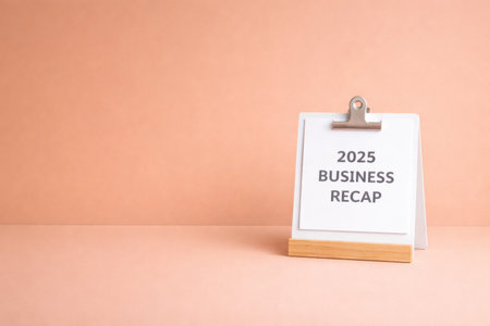 2025 business recap displayed on clipboard against peach background, AI Generatedの素材