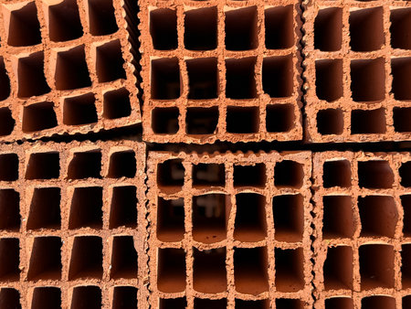 Brick wall background showcasing several stacked hollow bricks with grid-like openings. Mobile photo