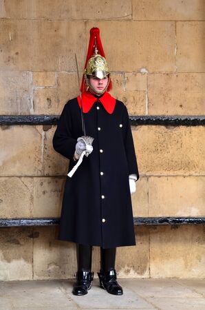 Horseguard of Blues Royals on guard duty entrance to Horseguards Parade Whitehall Westminster London England UK United Kingdomのeditorial素材