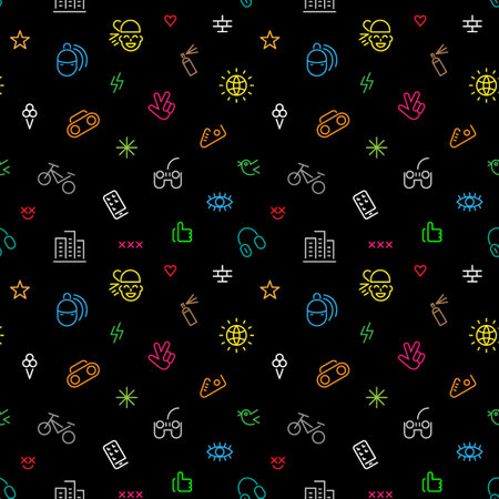 Summer city life flat line seamless vector background sign and symbolsのイラスト素材