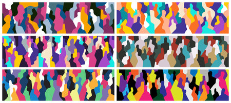 People silhouettes multiethnic community abstract illustration set , multicolor horizontal vector background design elementのイラスト素材