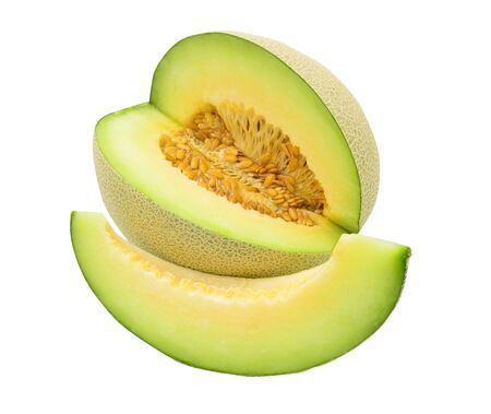 Fresh green round Melon slice with seed prepare to eat white background withの写真素材