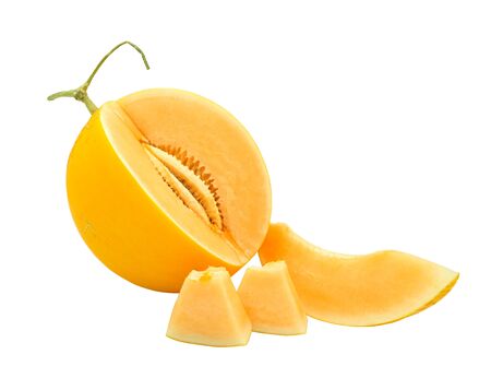 Fresh golden melon fruit slice prepare for eat. Cut pieces prepare for serve. Isolated on white background withの写真素材