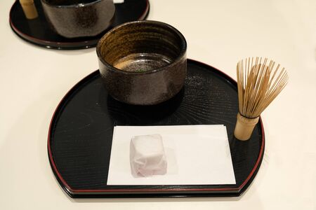 macha green tea cup or chanoyu japanese traditional ceramic and bamboo tool