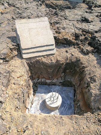 foundation pile concrete in square pit.  Cement sheet prpare for useの写真素材