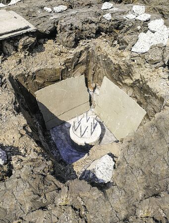 foundation pile with cement square sheet metal reinforcementの写真素材
