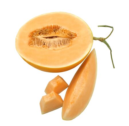 fresh half water melon fruit golden yellow color slice pieces for eat. Isolated on white backgroundの写真素材