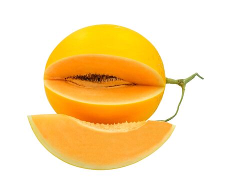 fresh golden fruit slice. Isolated on white background. Yellow vegan food for salad.の写真素材