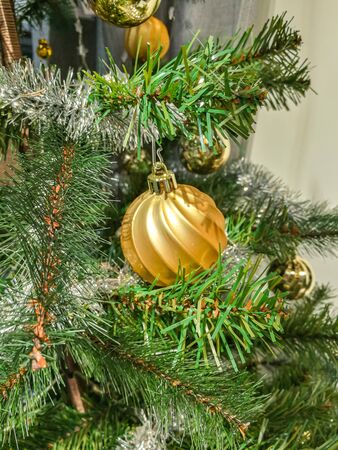 golden ball hanging on christmas tree. Decorative pine branch for celebration new year.の写真素材
