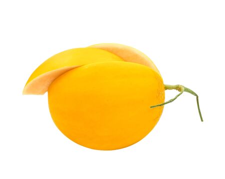 fresh golden melon slice fruit. Yellow food isolated on white backgroundの写真素材