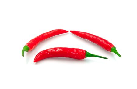 three red hot chilli spice vegetable herb. Isolated on white backgroundの写真素材