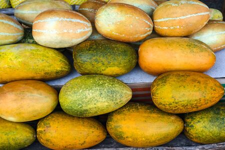 Fresh muskmelon or yellow melon fruits in Thailand. Good for vegetarian eating. They juicy food good for healthyの写真素材