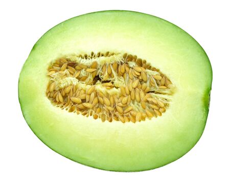 fresh green honeydew fruit cut half isolated on white backgroundの写真素材