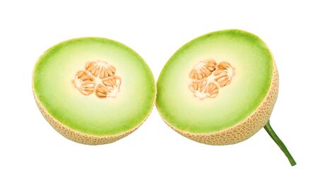 Fresh green and yellow water melon fruit slice prepare for eat. Cut half prepare for serve. Isolated on white backgroundの写真素材
