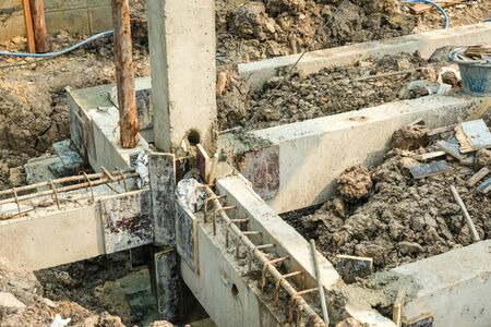 foundation pillar making joint concrete for reinforce structure out door site. No peopleの写真素材