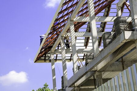 male team worker service install roof tiles second floor high building dangerous place. Strong metal...