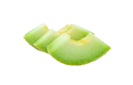 Three fresh green Melon fruit slice seedless prepare to eat white background with clipping path. vegetarian food for good health.の写真素材
