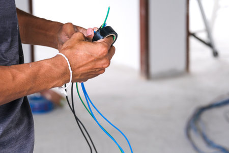 Electrician male working install wire power cable . professional technician worker use black electric tape connect electric cable in house site.の写真素材