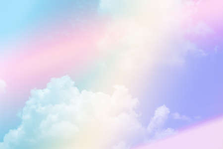 beauty sweet pastel pink and yellow  colorful with fluffy clouds on sky. multi color rainbow image. abstract fantasy growing lightの写真素材