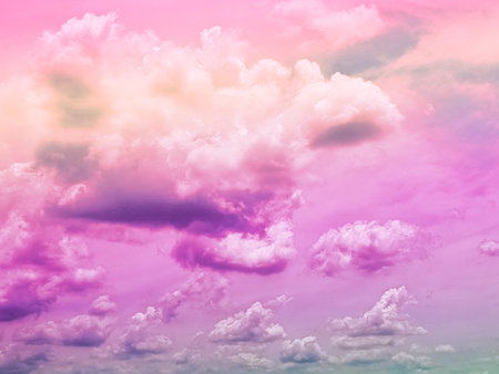 beauty sweet pastel pink purple  colorful with fluffy clouds on sky. multi color rainbow image. abstract fantasy growing lightの写真素材