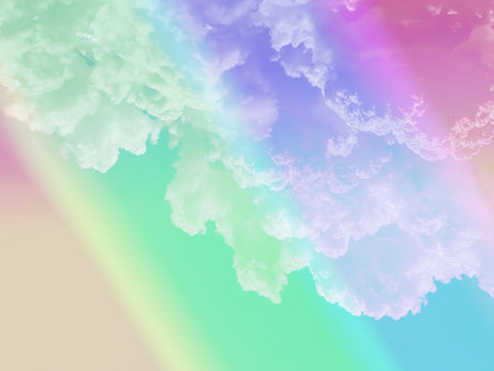 beauty sweet pastel yellow green  colorful with fluffy clouds on sky. multi color rainbow image. abstract fantasy growing lightの写真素材