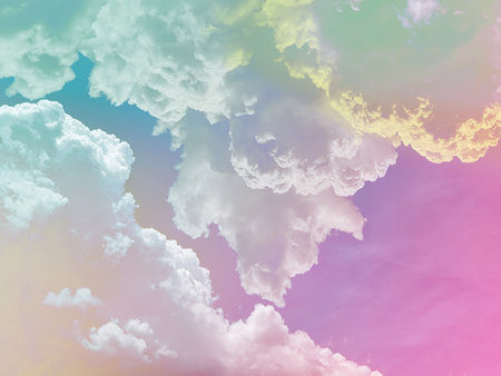 beauty sweet pastel green pink colorful with fluffy clouds on sky. multi color rainbow image. abstract fantasy growing lightの写真素材