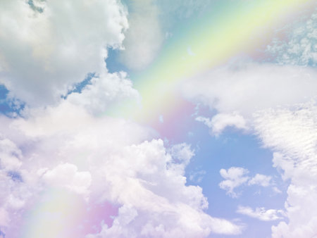 beauty sweet vivid green and blue colorful with fluffy clouds on sky. multi color rainbow image. abstract fantasy growing lightの写真素材