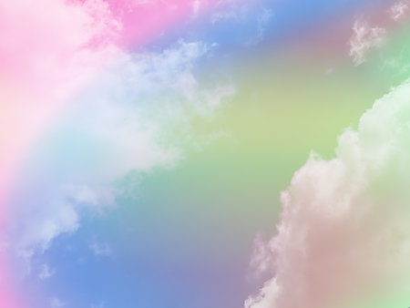 beauty sweet pastel soft green and blue with fluffy clouds on sky. multi color rainbow image. abstract fantasy growing lightの写真素材