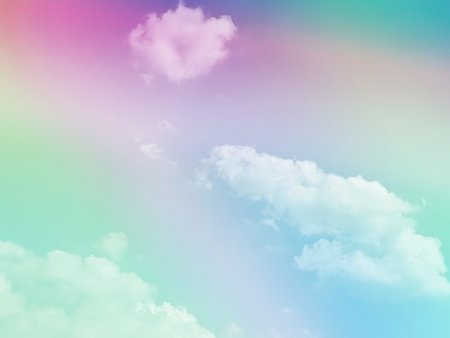 beauty sweet pastel soft green and purple with fluffy clouds on sky. multi color rainbow image. abstract fantasy growing lightの写真素材