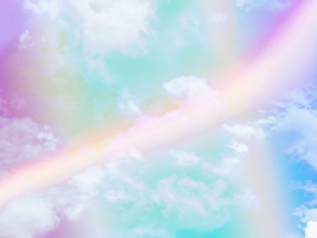 beauty abstract sweet pastel soft green and violet with fluffy clouds on sky. multi color rainbow image. fantasy growing lightの写真素材