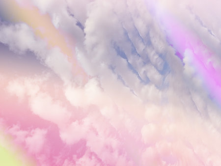 beauty sweet pastel pink and orange colorful with fluffy clouds on sky. multi color rainbow image. abstract fantasy growing lightの写真素材