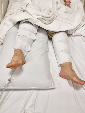 A patient lying on a bed with both legs wrapped in a blood circulation device, used after knee replacement surgery in the hospital.の写真素材