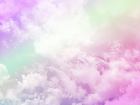 beauty sweet pastel pink and green colorful with fluffy clouds on sky. multi color rainbow image. abstract fantasy growing lightの写真素材