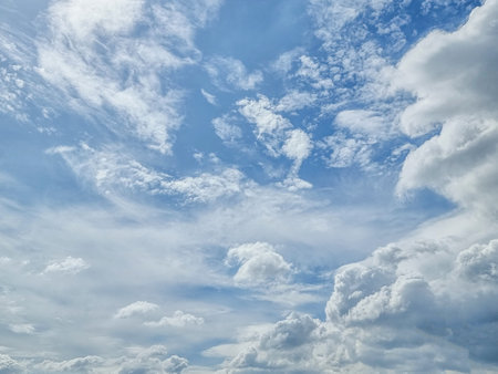 blue sky high shape outdoor group of white clouds background in summer gradient light abstract beauty background. beautiful bright cloud and calm fresh wind airの写真素材