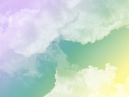 beauty sweet pastel green and yellow  colorful with fluffy clouds on sky. multi color rainbow image. abstract fantasy growing lightの写真素材