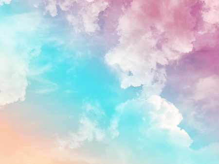 beauty sweet pastel red and orange colorful with fluffy clouds on sky. multi color rainbow image. abstract fantasy growing lightの写真素材