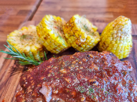 Grilled pork rib steak with gravy and Cajun spices served with buttered corn on the cob.の写真素材