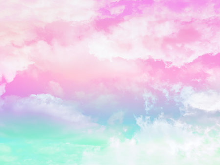 beauty sweet pastel pink and green  colorful with fluffy clouds on sky. multi color rainbow image. abstract fantasy growing lightの写真素材