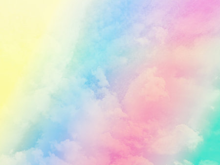 beauty sweet pastel yellow and green colorful with fluffy clouds on sky. multi color rainbow image. abstract fantasy growing lightの写真素材