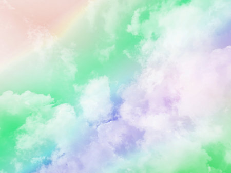 beauty sweet pastel green and orange colorful with fluffy clouds on sky. multi color rainbow image. abstract fantasy growing lightの写真素材