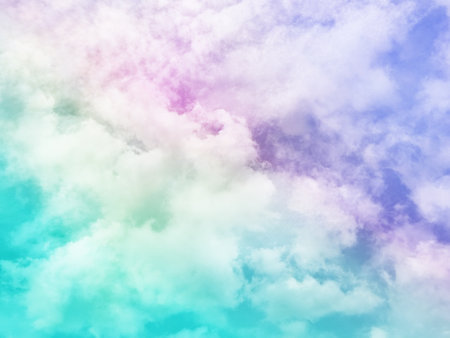 beauty sweet pastel purple and green colorful with fluffy clouds on sky. multi color rainbow image. abstract fantasy growing lightの写真素材
