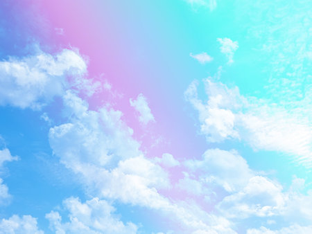 beauty sweet pastel blue and pink colorful with fluffy clouds on sky. multi color rainbow image. abstract fantasy growing lightの写真素材