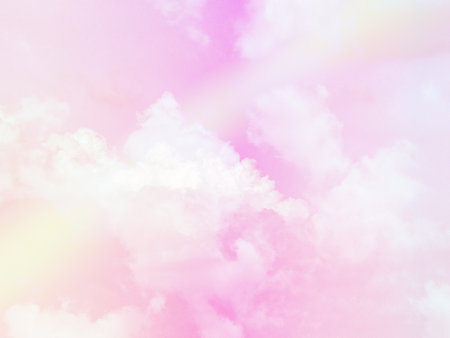 beauty sweet pastel pink and yellow colorful with fluffy clouds on sky. multi color rainbow image. abstract fantasy growing lightの写真素材